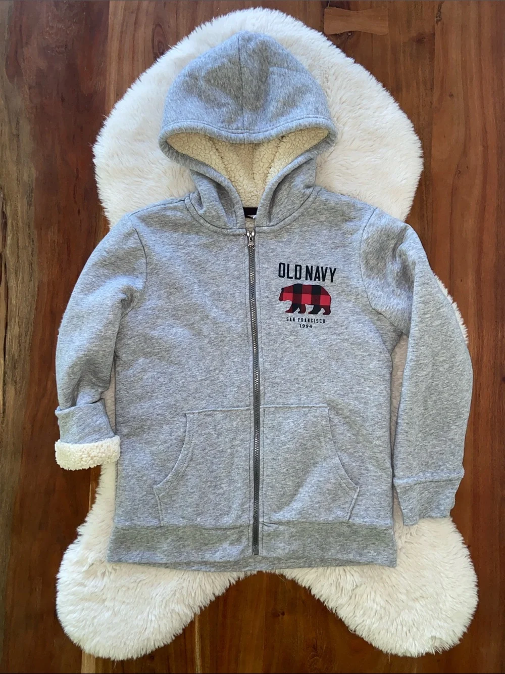 Old Navy boys Sherpa lined hooded sweatshirt cozy zip up jacket grey large 10-12
